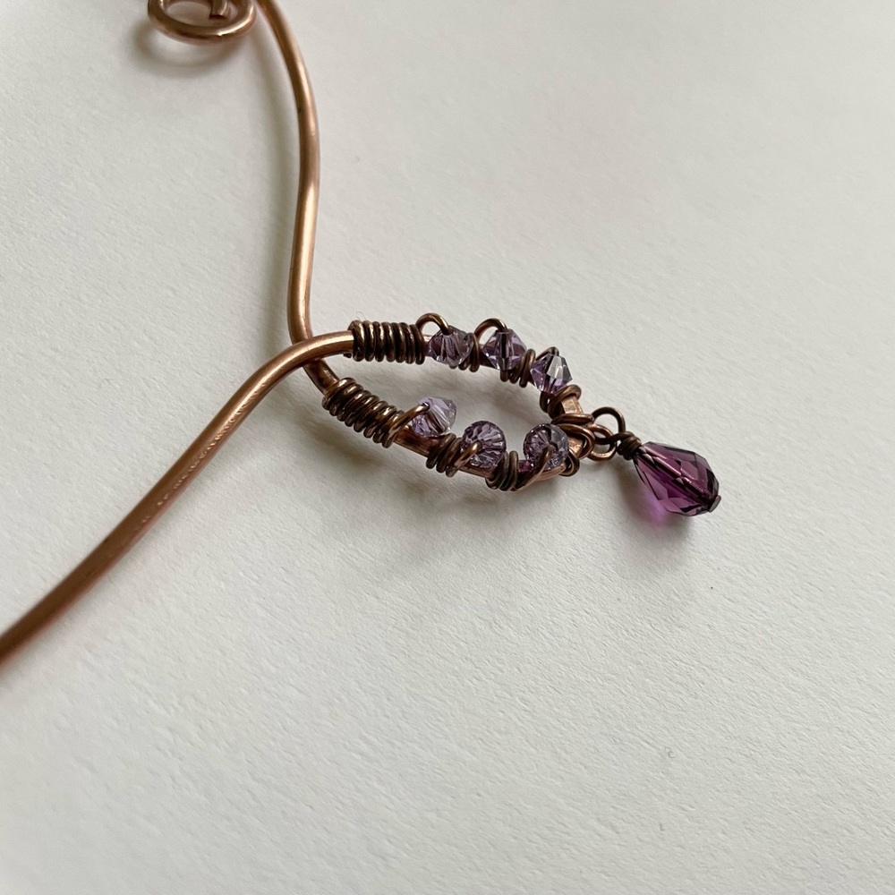 Copper Scroll Necklace Beaded Plum and Lilac Crystals Elegant Rustic‎ Handmade - Picture 10 of 14